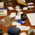 Study table covered in handwritten flash cards, textbooks, colored pencils and a mug, the setting gifts for nursing students are meant to help